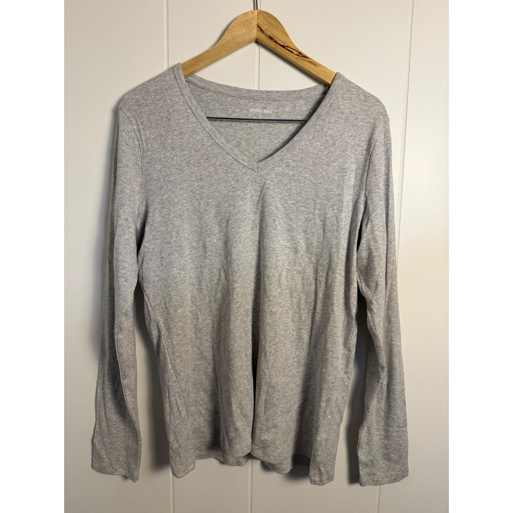 Lands End V-Neck Long Sleeve T-Shirt L 14-16 Gray 100% Cotton Basic Tee